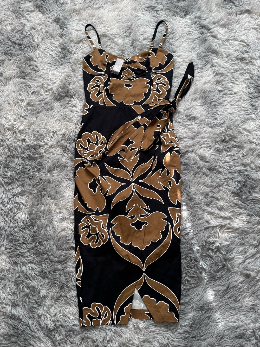 NWT WHBM  Brown & Black Floral Midi Sheath Dress Cotton Sateen Wrap 0